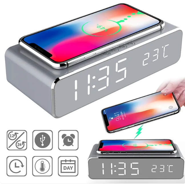LED Alarm Clock with Wireless Charger