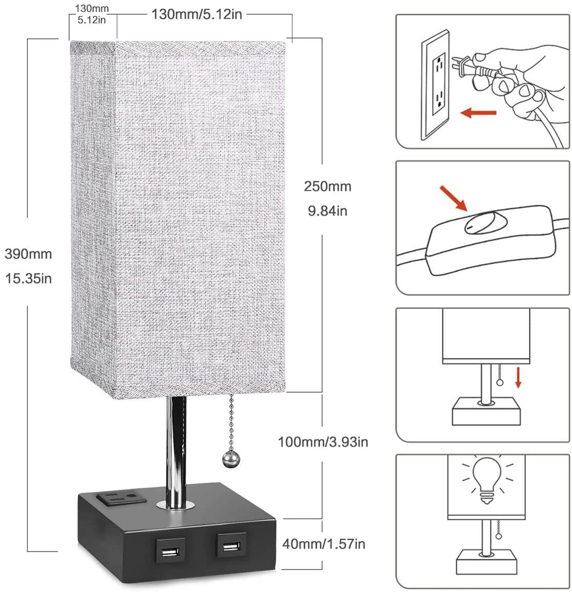 USB Grey Bedside Table Lamp