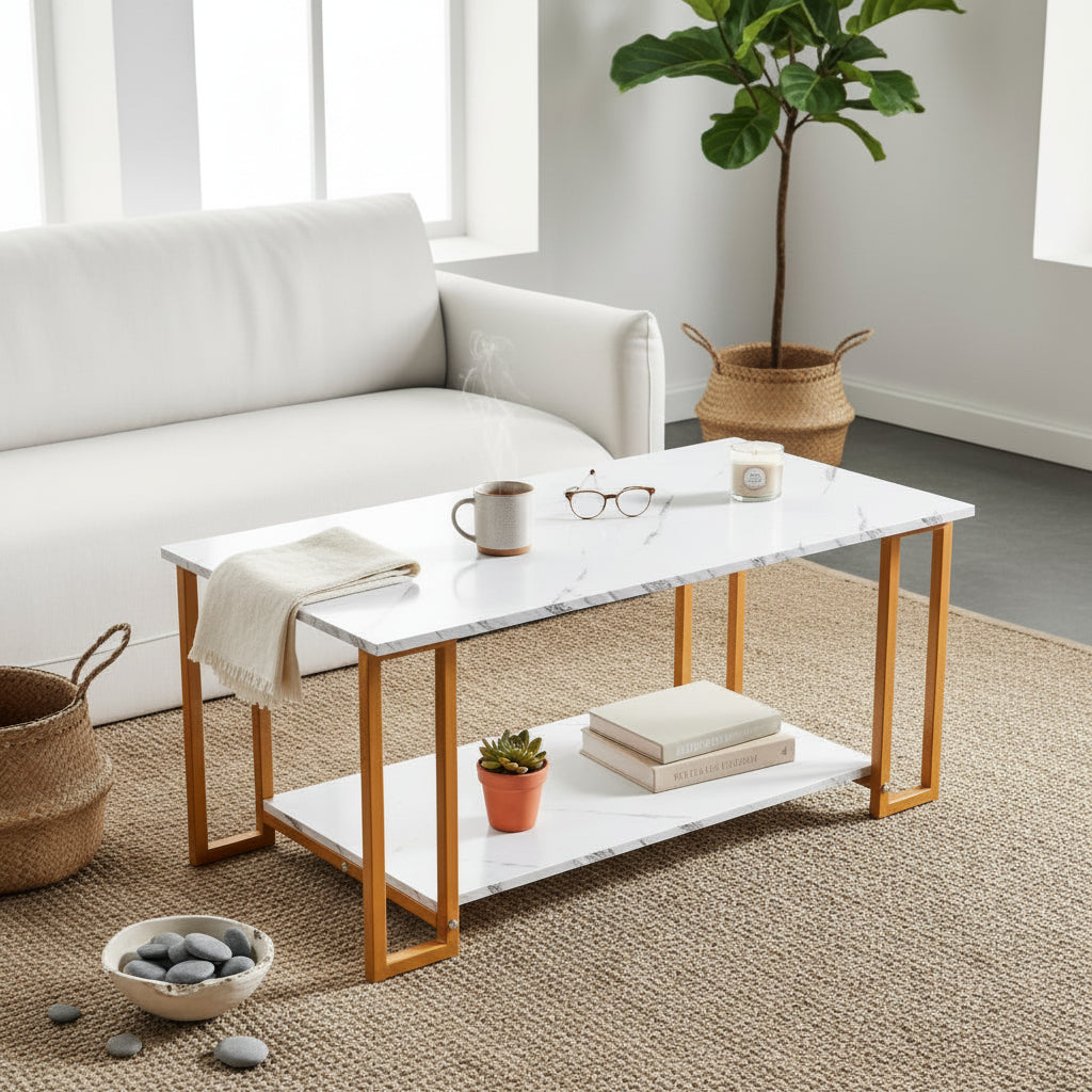 2-Layer Marble Coffee Table Gold Legs