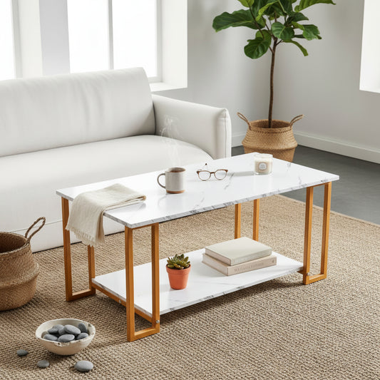 2-Layer Marble Coffee Table Gold Legs