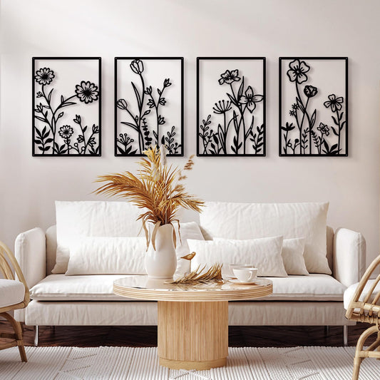 Black Metal Floral Wall Art (Set Of 4)